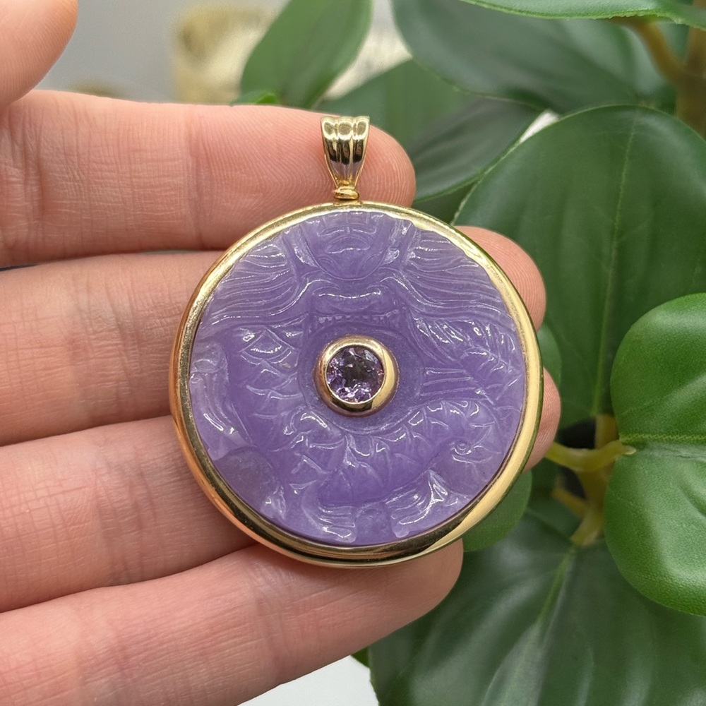 14K Yellow Gold Double Sided Green Purple Jade & Peridot Amethyst Bezel Pendant